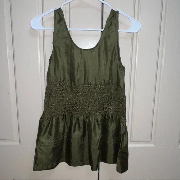 IPSA Anthropologie 100% Silk Olive Green Satin Beaded Peplum Blouse Size Medium - Picture 7 of 9